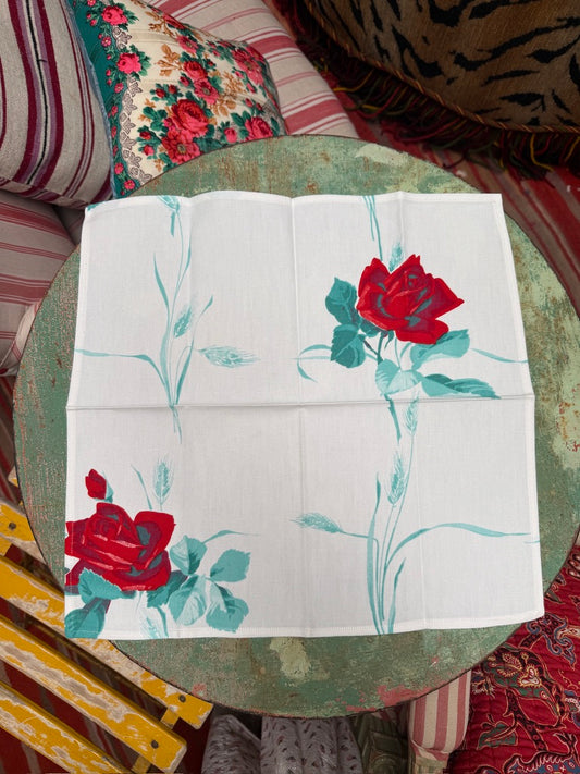 Handmade Red Rose Stem Napkins –– Vintage Textile from Mid-Century Tablecloths, Set of 2