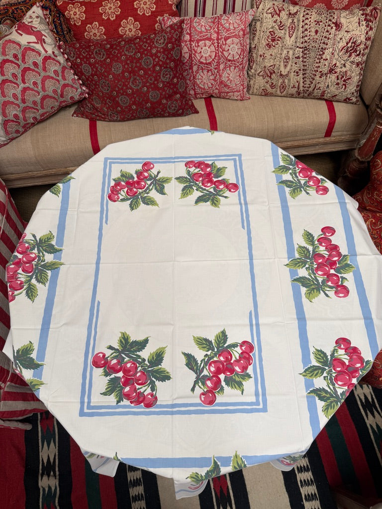 1950s Cherry Cluster Tablecloth –– Vintage Print with Blue Stripe Border