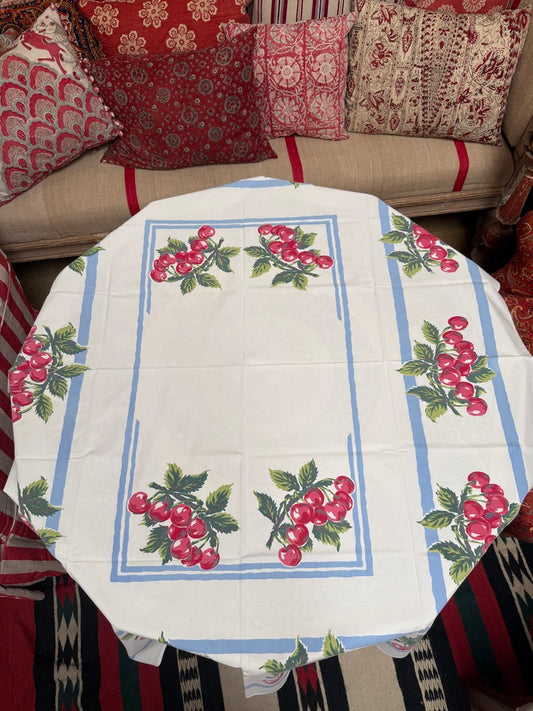 1950s Cherry Cluster Tablecloth –– Vintage Print with Blue Stripe Border