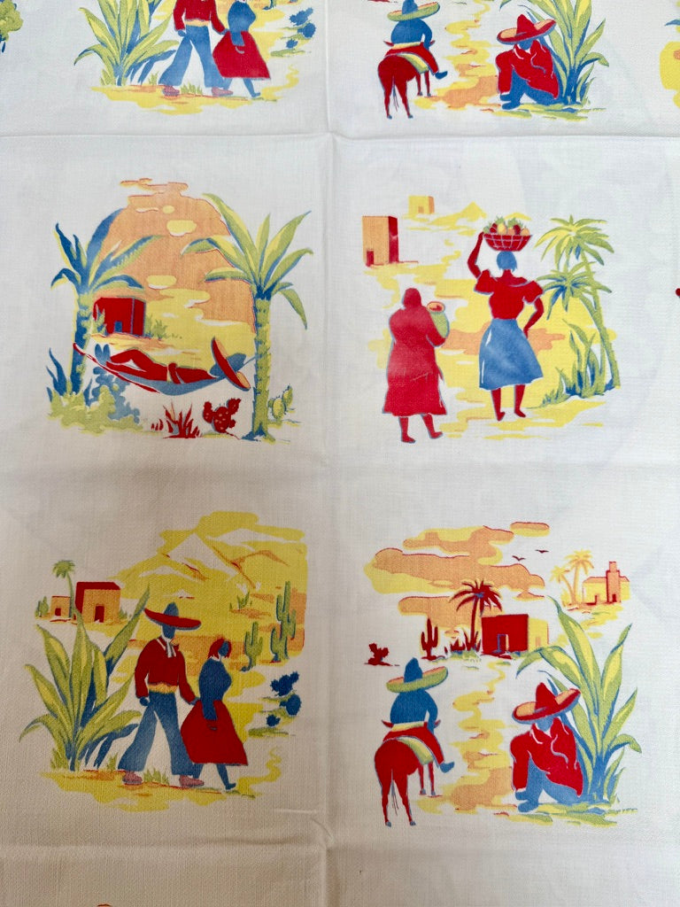 1950s Mexican Village Tablecloth – Vintage Novelty Scene Print