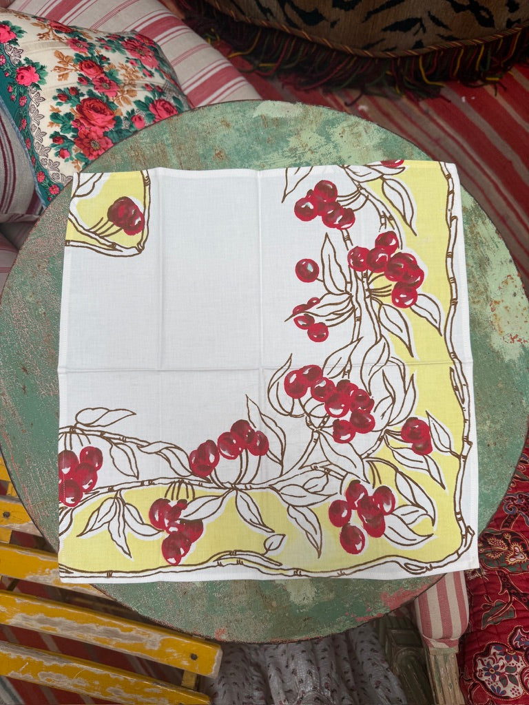 Handmade Cherry Vine Napkins –– Vintage Textile from Mid-Century Tablecloths, Set of 2