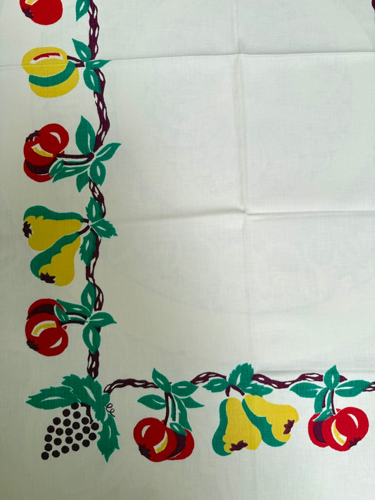 1950s Fruit Border Tablecloth –– Vintage Print with Pears, Cherries and Grapes