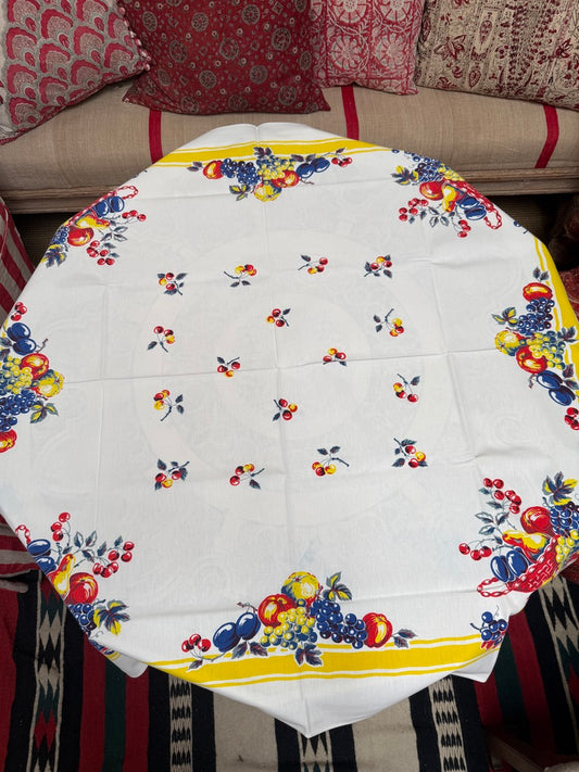 1950s Fruit Basket Tablecloth –– Vintage Print with Yellow Border and Scatterberries