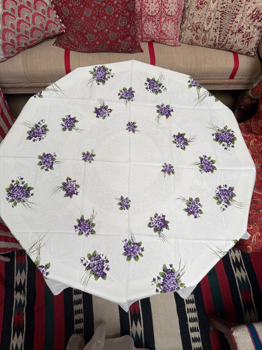 1950s Violet Cluster Tablecloth –– Vintage Floral Print on White Cotton