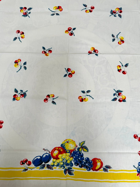 1950s Fruit Basket Tablecloth –– Vintage Print with Yellow Border and Scatterberries