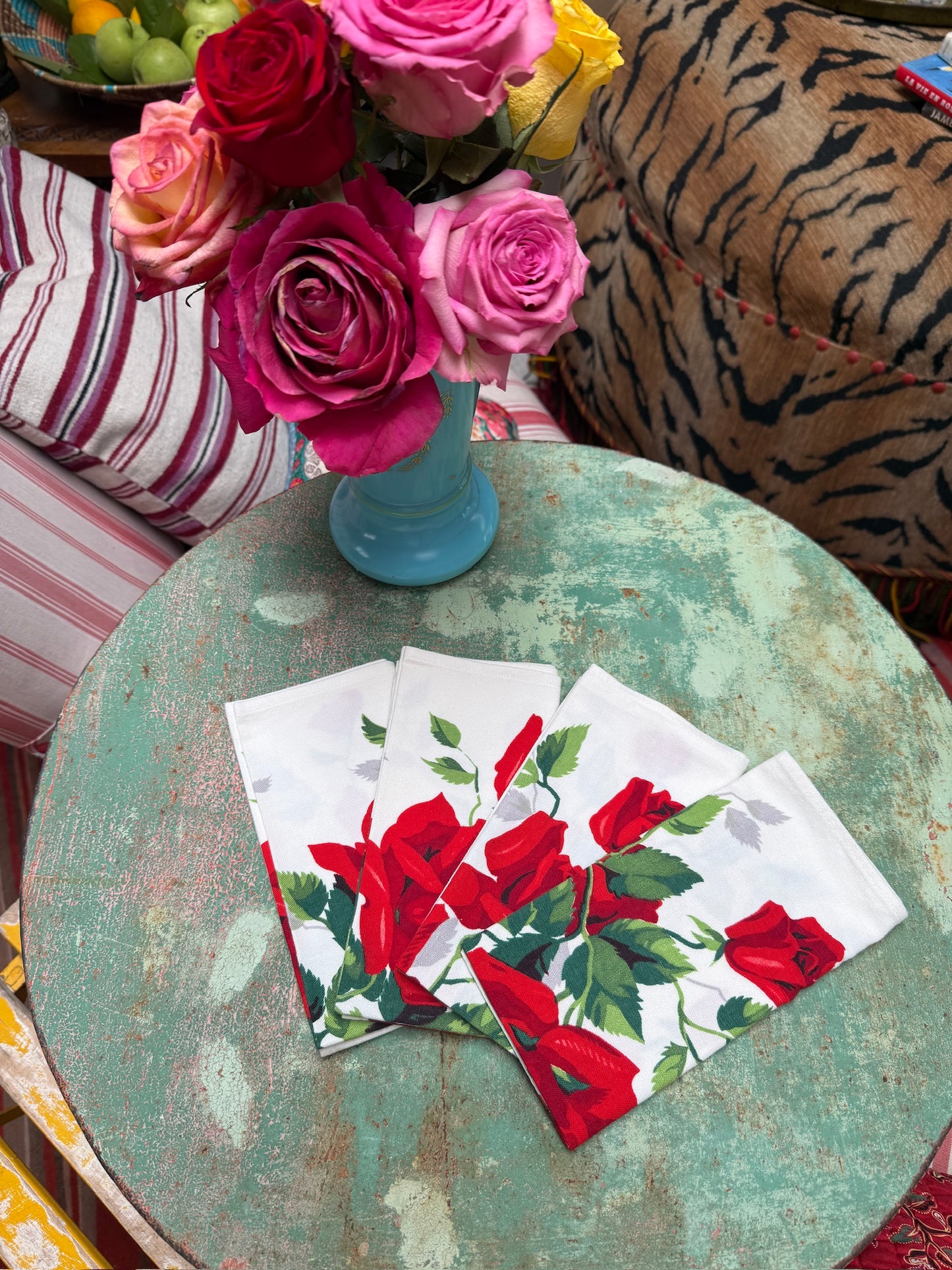 Handmade Crimson Rose Napkins –– Vintage Textile from Mid-Century Tablecloths, Set of 4