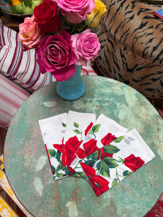 Handmade Crimson Rose Napkins –– Vintage Textile from Mid-Century Tablecloths, Set of 4