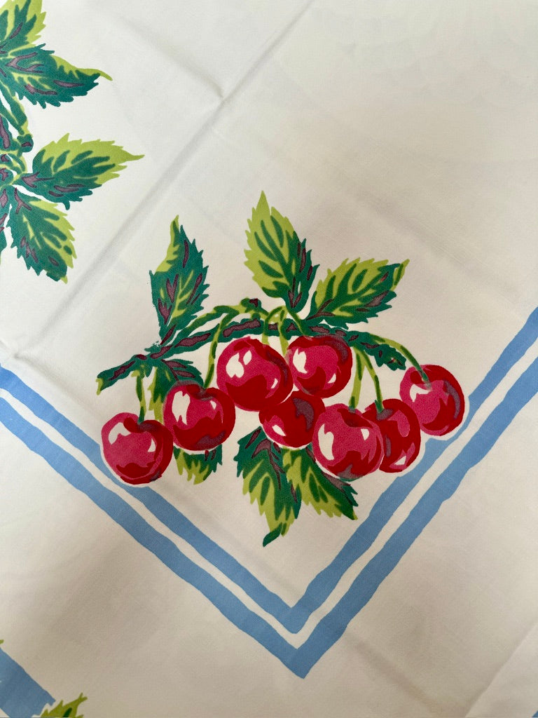 1950s Cherry Cluster Tablecloth –– Vintage Print with Blue Stripe Border