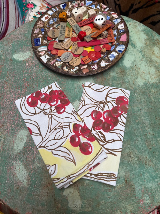 Handmade Cherry Vine Napkins –– Vintage Textile from Mid-Century Tablecloths, Set of 2