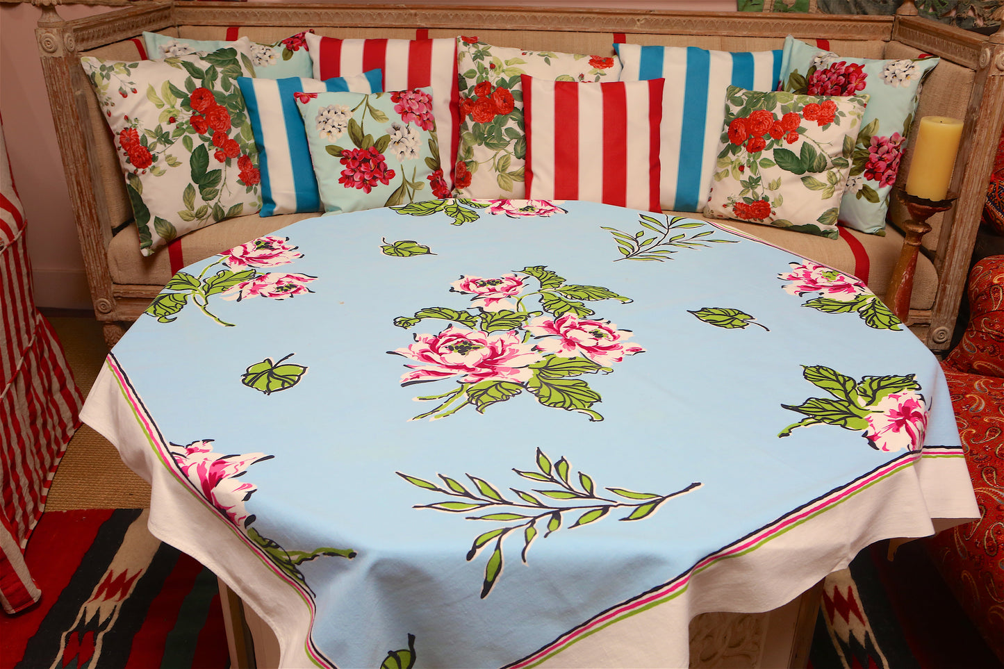 1940s Sky Blue Floral Tablecloth – Vintage American Cotton