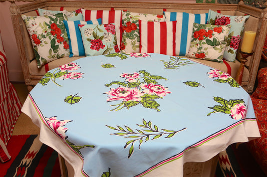 1940s Sky Blue Floral Tablecloth – Vintage American Cotton