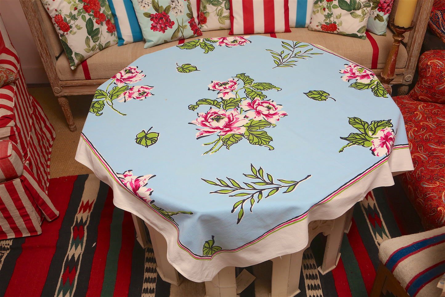 1940s Sky Blue Floral Tablecloth – Vintage American Cotton