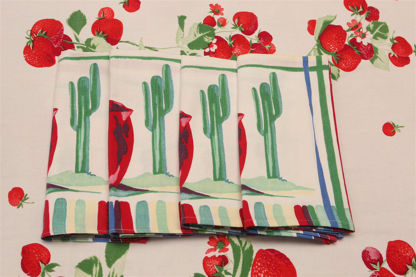 Handmade Cactus & Sombrero Napkins –– Vintage Textile from Mid-Century Tablecloths, Set of 4