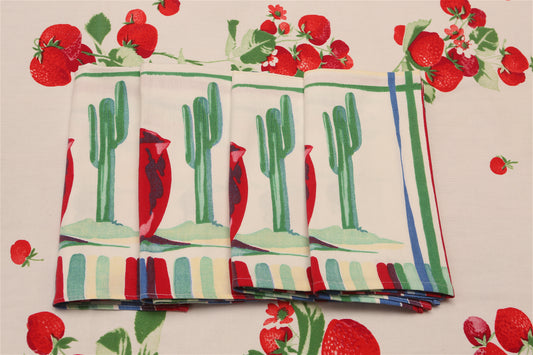 Handmade Cactus & Sombrero Napkins –– Vintage Textile from Mid-Century Tablecloths, Set of 4