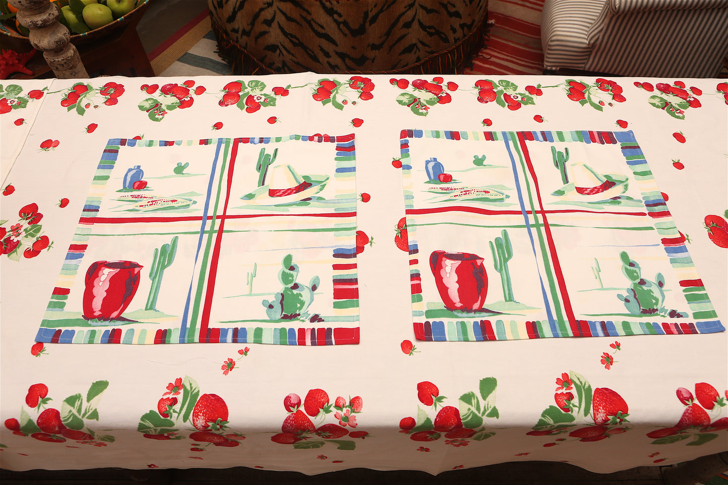 Handmade Cactus & Sombrero Napkins –– Vintage Textile from Mid-Century Tablecloths, Set of 4