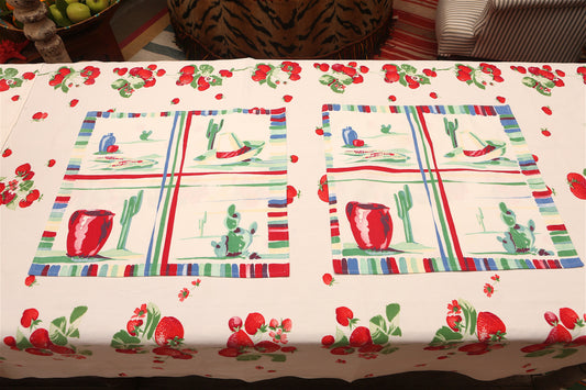 Handmade Cactus & Sombrero Napkins –– Vintage Textile from Mid-Century Tablecloths, Set of 4