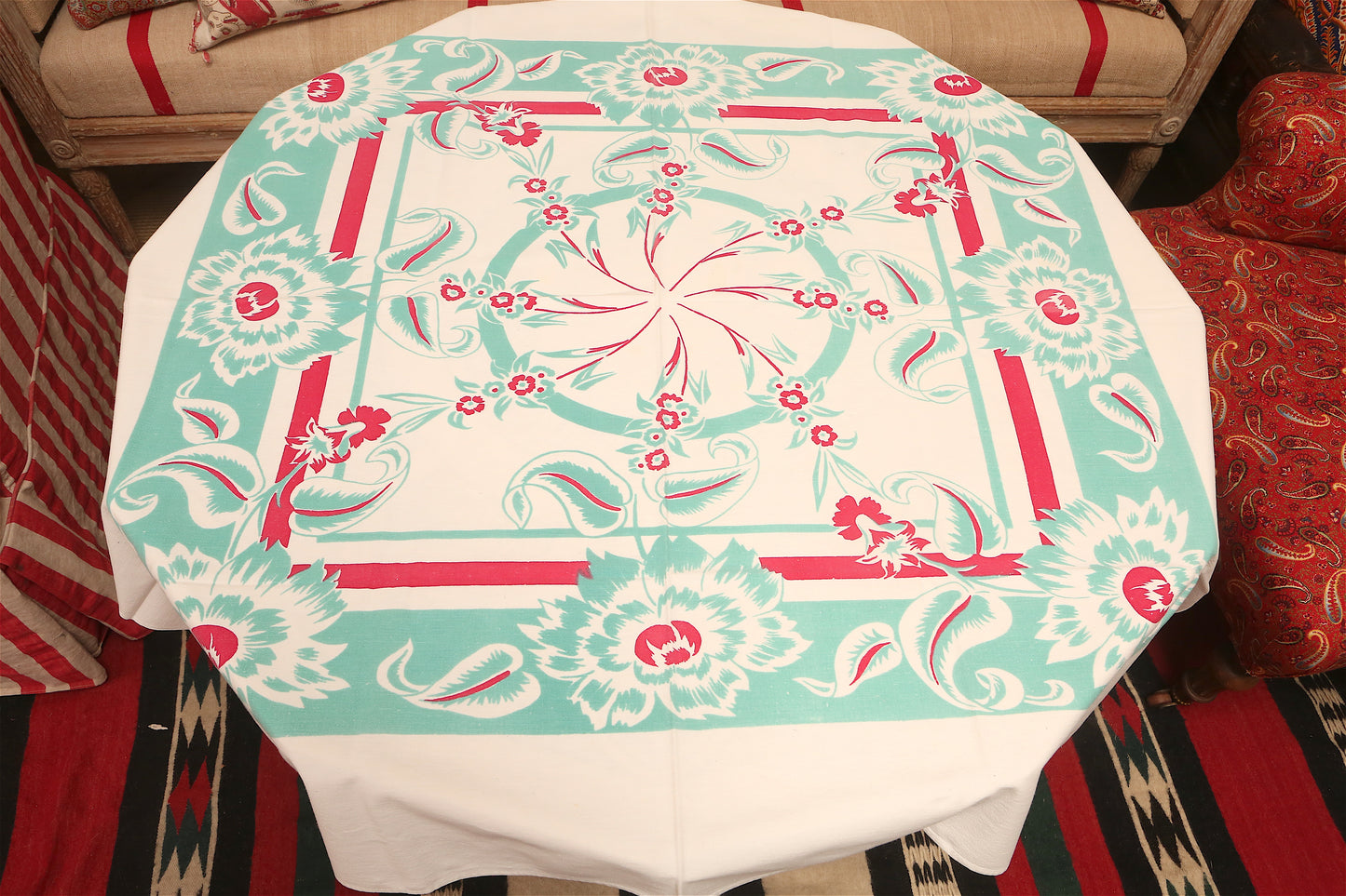 1950s Aqua & Red Floral Tablecloth – Vintage Mid-Century Cotton
