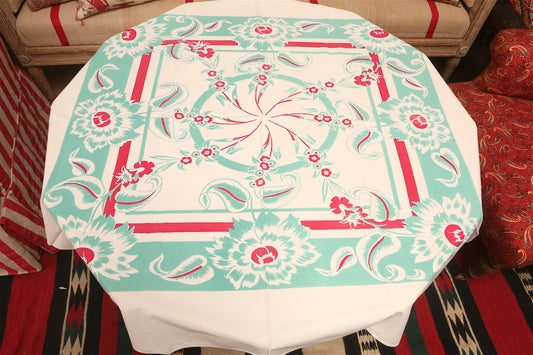 1950s Aqua & Red Floral Tablecloth – Vintage Mid-Century Cotton