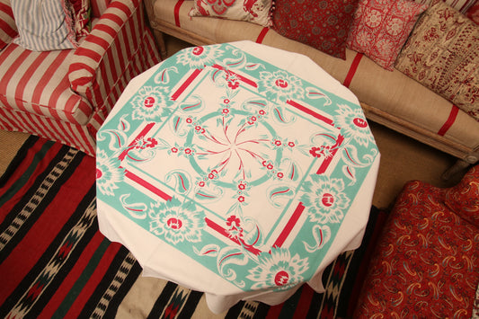 1950s Aqua & Red Floral Tablecloth – Vintage Mid-Century Cotton
