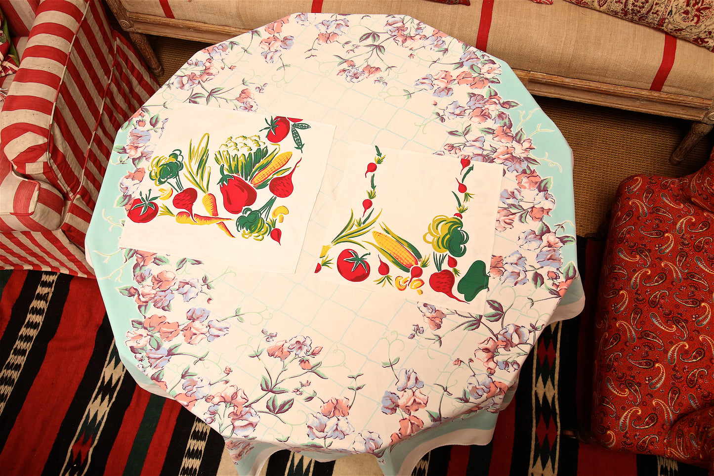 Handmade Vegetable Garden Napkins –– Vintage Textile from Mid-Century Tablecloths, Set of 2