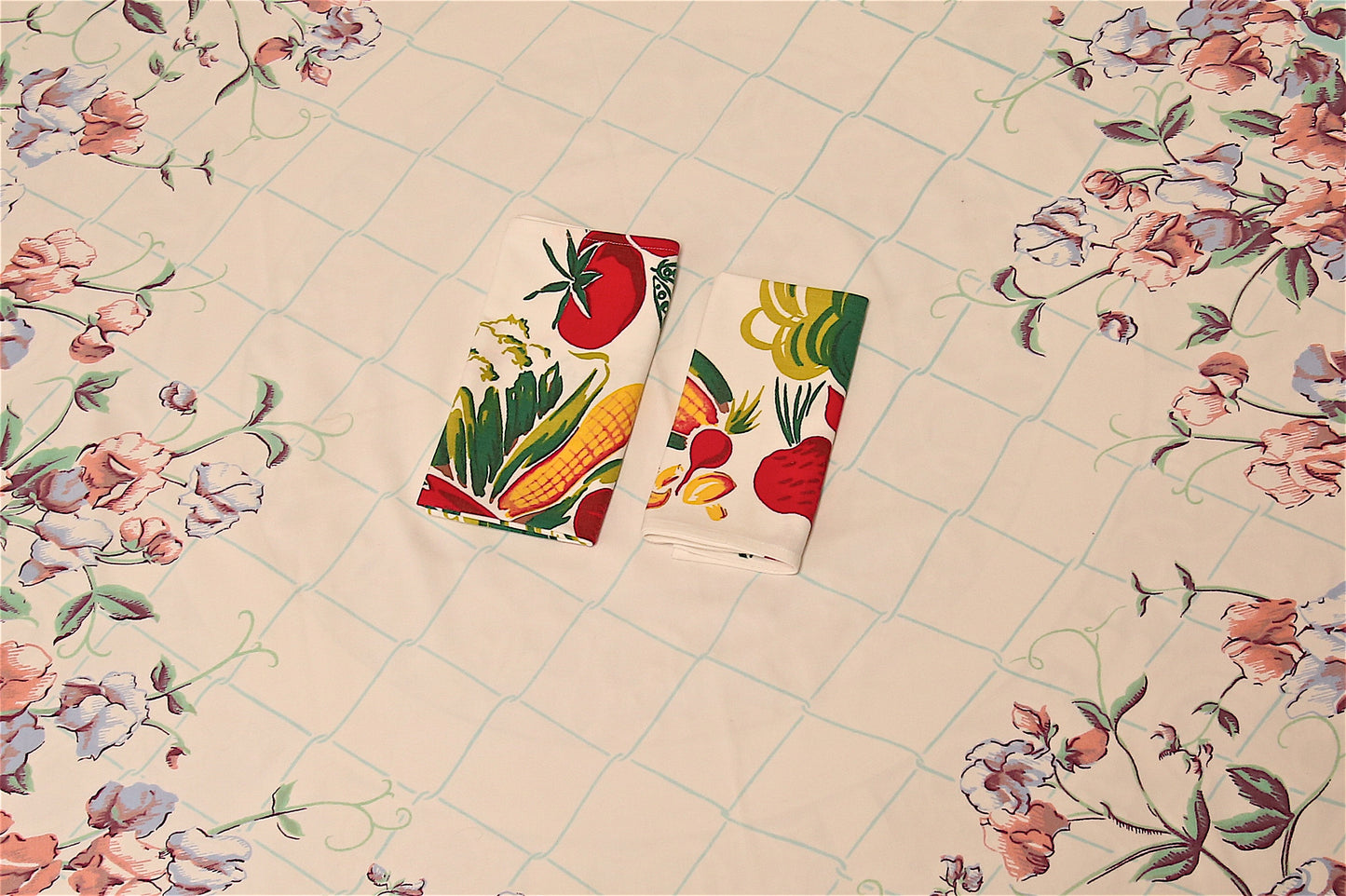 Handmade Vegetable Garden Napkins –– Vintage Textile from Mid-Century Tablecloths, Set of 2