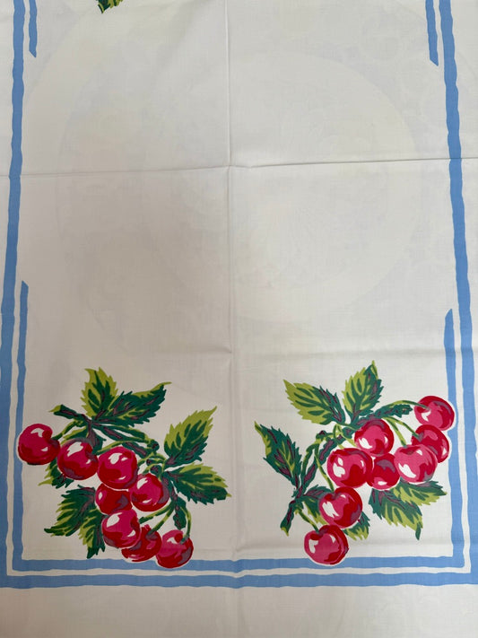 1950s Cherry Cluster Tablecloth –– Vintage Print with Blue Stripe Border