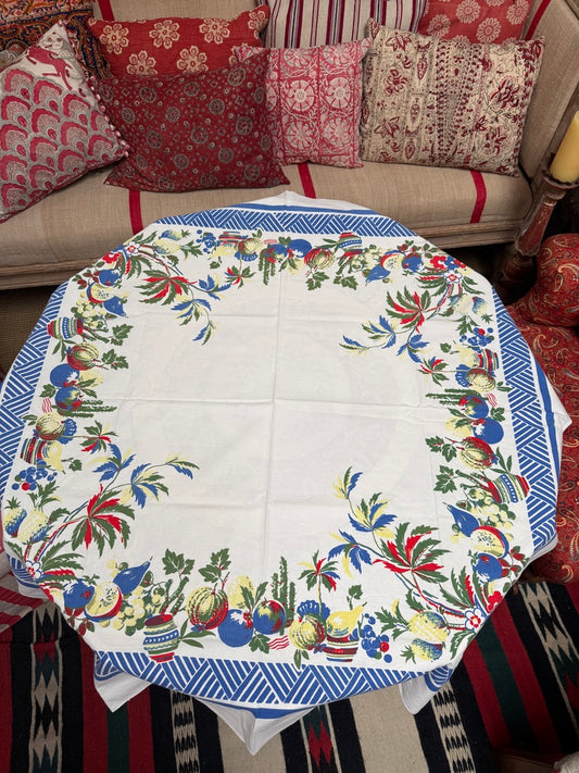 1950s Red, White & Blue Tablecloth – Vintage Festive Fruit Print