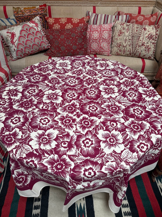 1950s Plum Floral Tablecloth – Vintage Tropical-Inspired Print