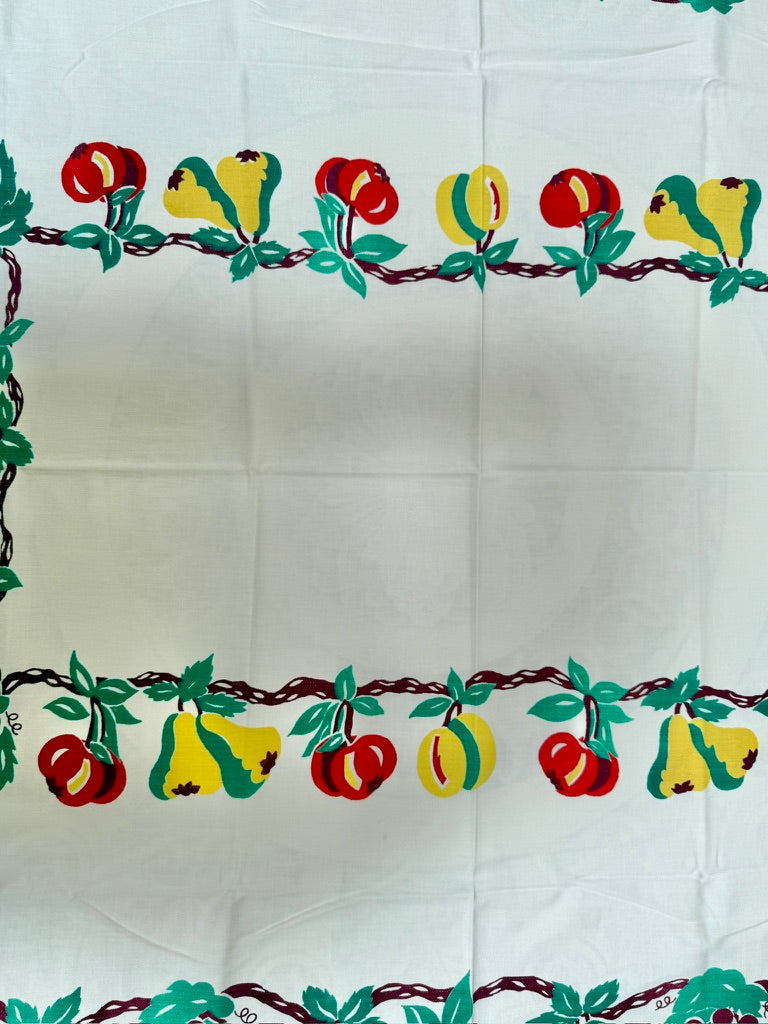 1950s Fruit Border Tablecloth –– Vintage Print with Pears, Cherries and Grapes