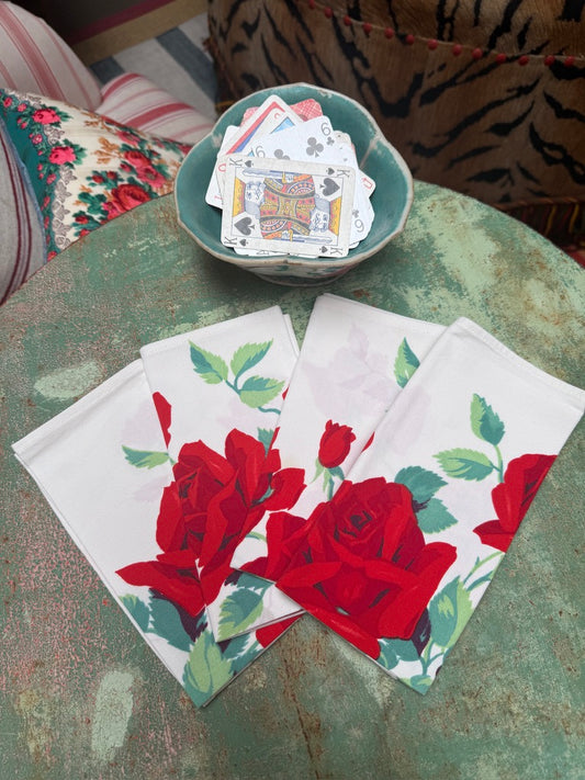 Handmade Red Rose Bouquet Napkins –– Vintage Textile from Mid-Century Tablecloths, Set of 10