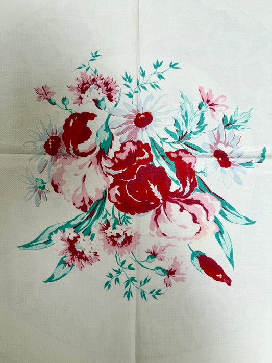 1950s Rose Bouquet Tablecloth –– Vintage Floral Print in Red and Pink