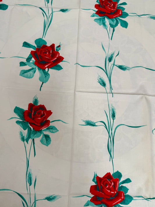 1950s Red Rose Tablecloth –– Vintage Floral Grid Print on White Cotton