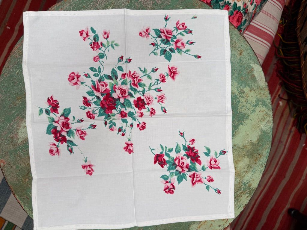 Handmade Pink Rose Spray Napkins –– Vintage Textile from Mid-Century Tablecloths, Set of 4
