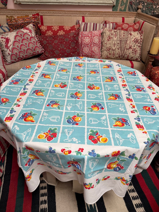 1950s Aqua Grid Fruit Tablecloth –  Vintage Kitchen Novelty Print