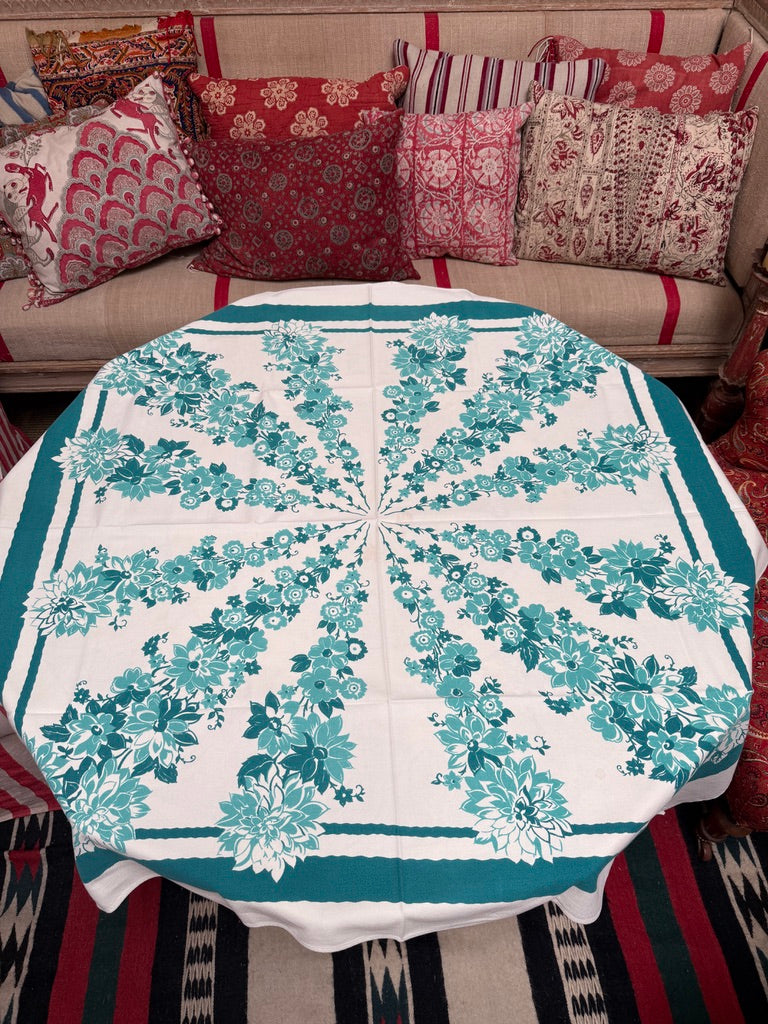 1950s Teal Radial Floral Tablecloth – Vintage Mid-Century Cotton