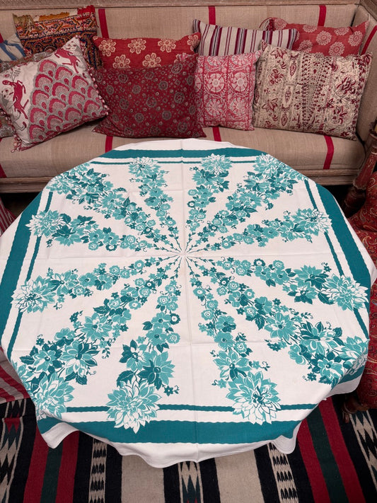 1950s Teal Radial Floral Tablecloth – Vintage Mid-Century Cotton