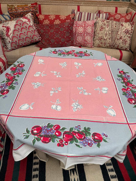 1950s Pink & Gray Fruit Tablecloth – Vintage Kitchen Print