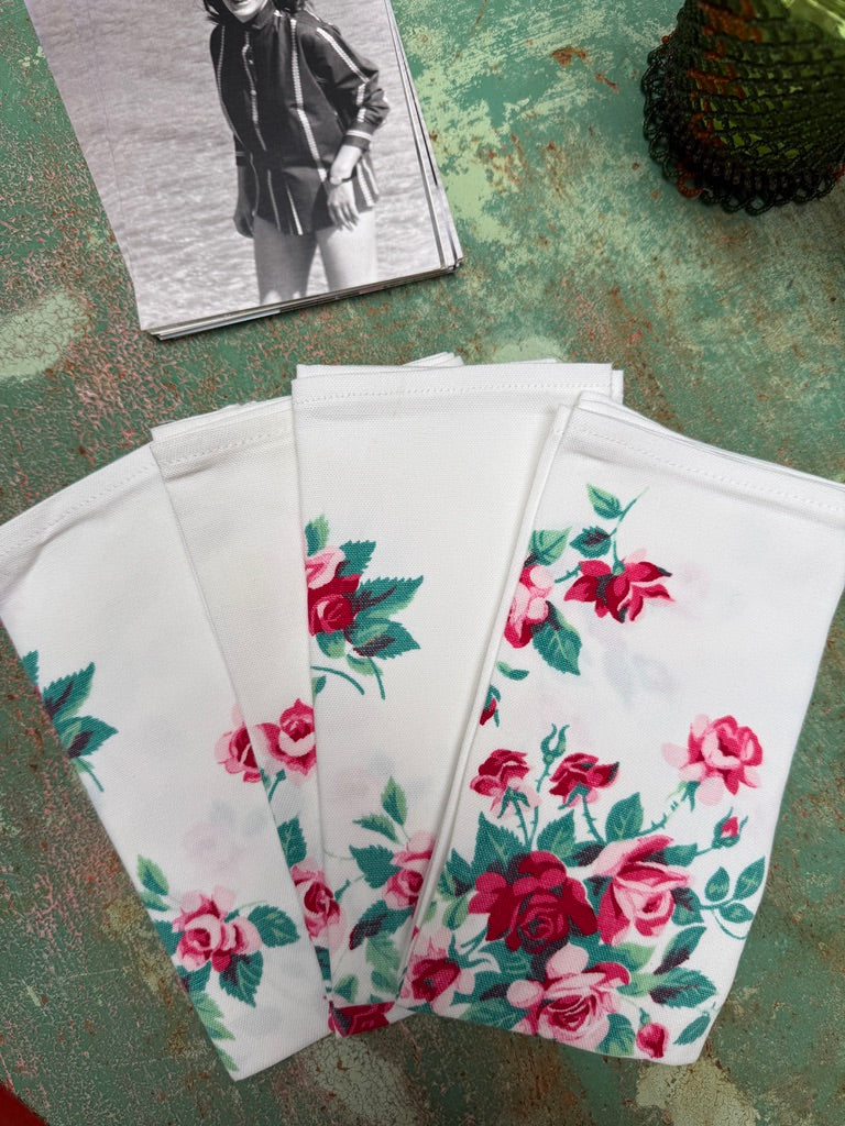 Handmade Pink Rose Spray Napkins –– Vintage Textile from Mid-Century Tablecloths, Set of 4