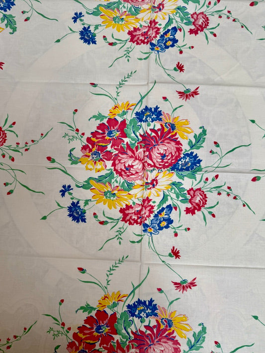 1950s Floral Burst Tablecloth –– Vintage Mid-Century Print in Bright Primary Tones