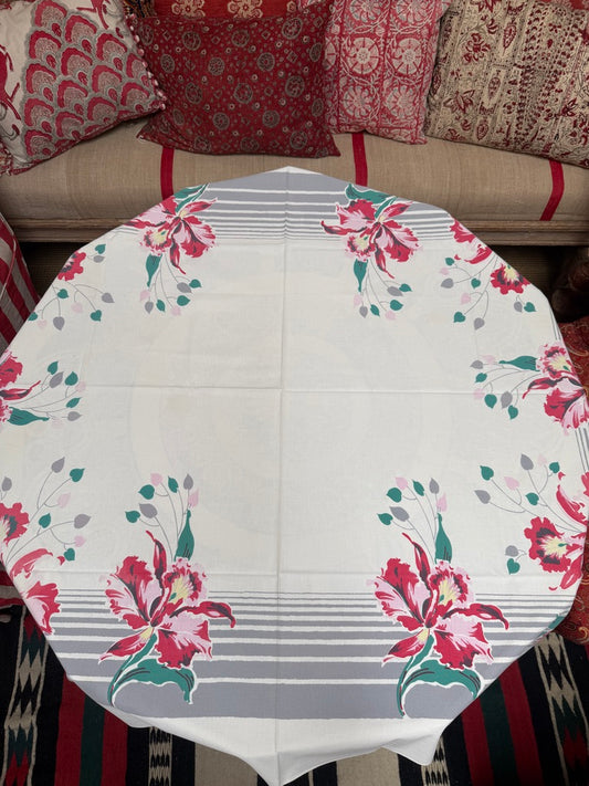 1950s Hibiscus Stripe Tablecloth – Vintage Graphic Floral Print