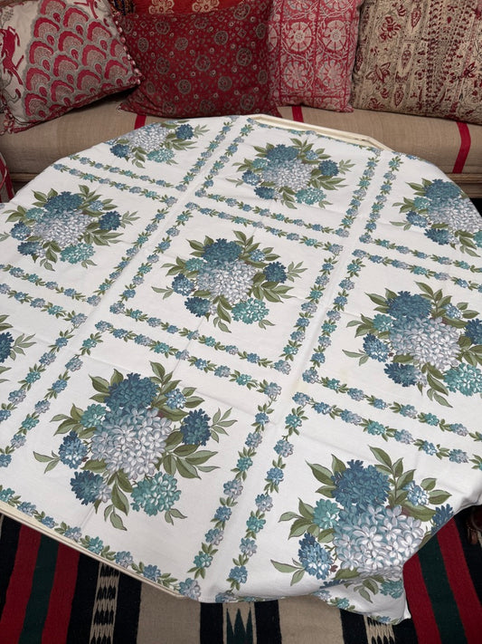 1960s Blue Hydrangea Tablecloth – Vintage Floral Grid Print