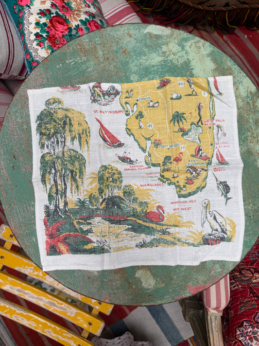 Handmade Florida Souvenir Napkins –– Vintage Textile from Mid-Century Tablecloths, Set of 2