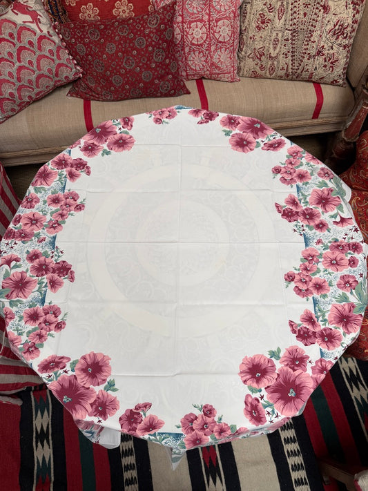 1950s Burgundy Hollyhock Tablecloth –  Vintage Floral Cotton