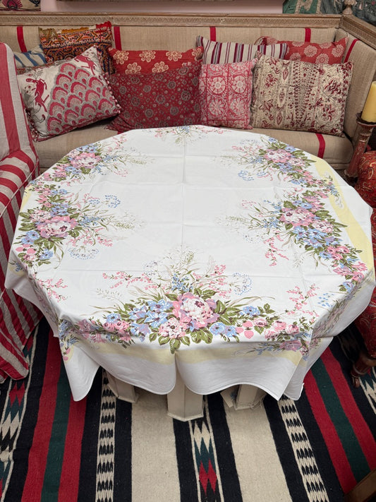 1950s Pastel Garden Tablecloth – Vintage Floral Border with Yellow Trim