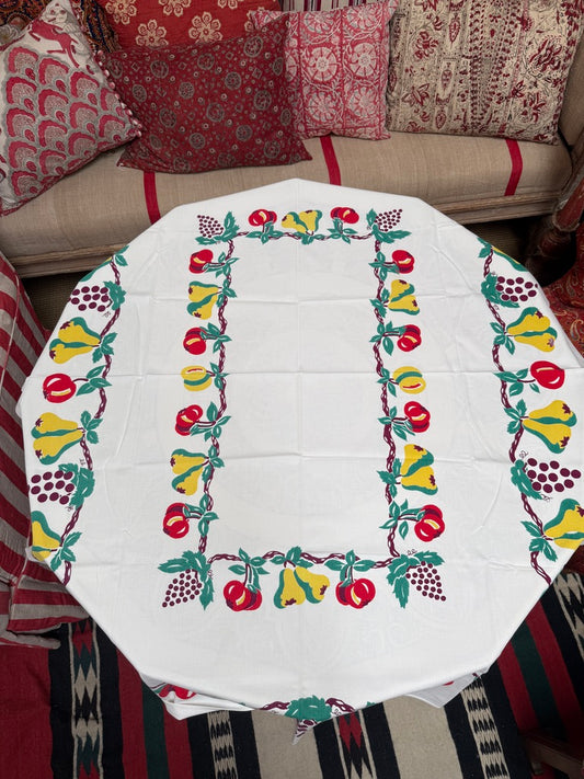 1950s Fruit Border Tablecloth –– Vintage Print with Pears, Cherries and Grapes