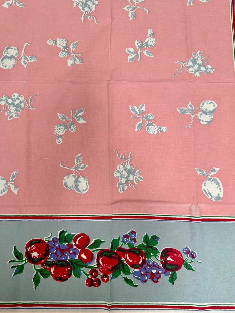 1950s Pink & Gray Fruit Tablecloth – Vintage Kitchen Print