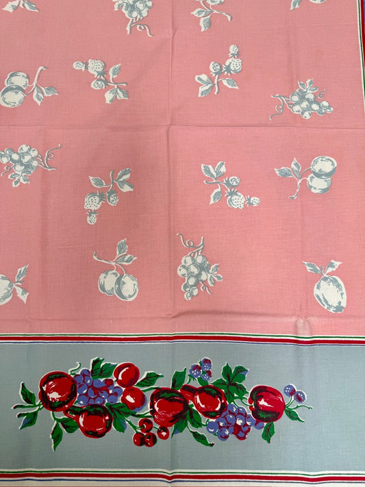 1950s Pink & Gray Fruit Tablecloth – Vintage Kitchen Print