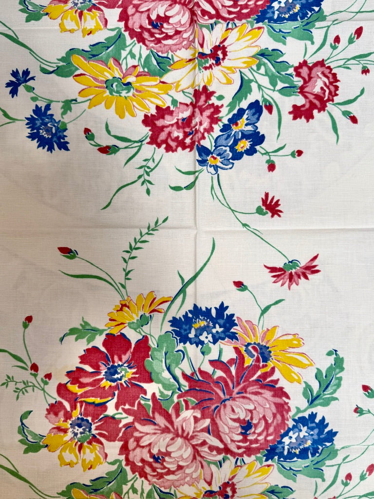 1950s Floral Burst Tablecloth –– Vintage Mid-Century Print in Bright Primary Tones