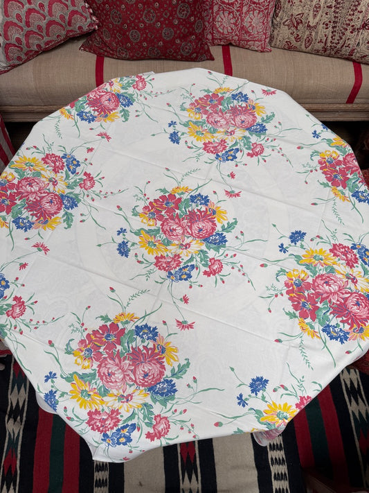 1950s Floral Burst Tablecloth –– Vintage Mid-Century Print in Bright Primary Tones