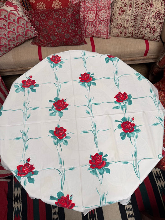 1950s Red Rose Tablecloth –– Vintage Floral Grid Print on White Cotton